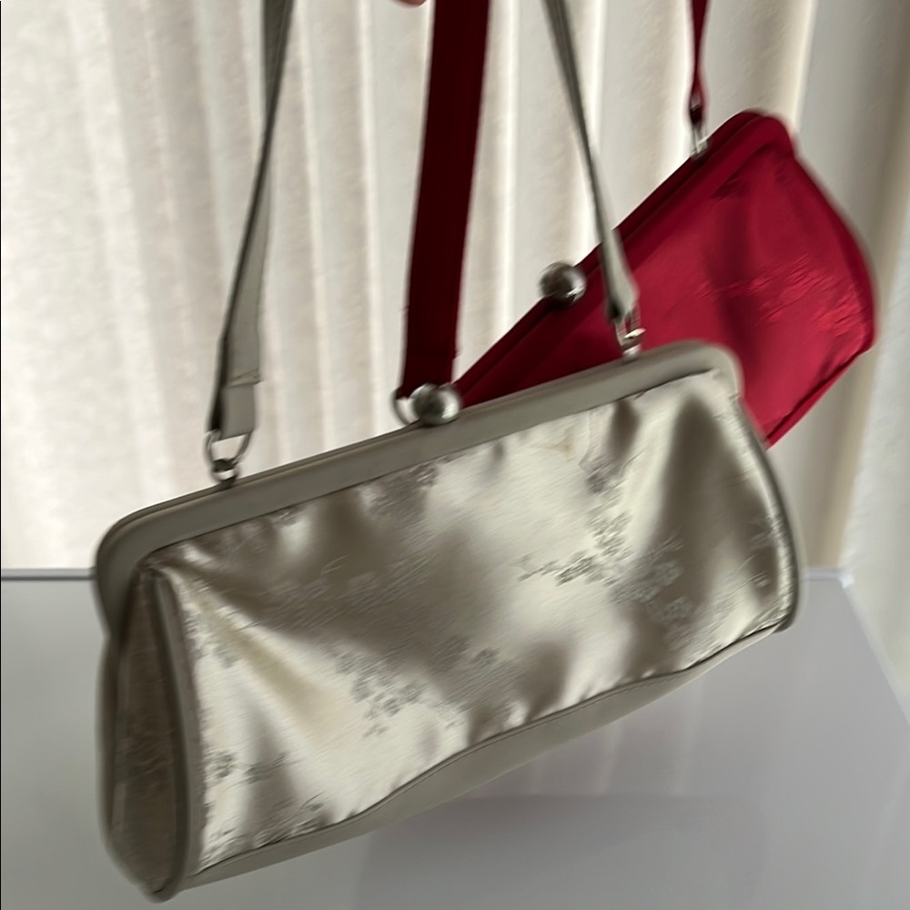 CLOSET CLOSING -Chic Cream and Red satin evening bags with damask design